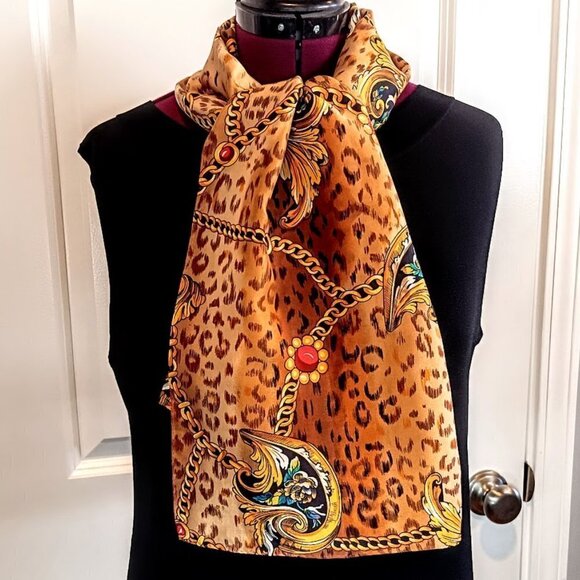 Vintage Gold Chain Print Pure Silk Oblong Scarf - Picture 1 of 5